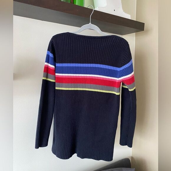 Vintage Liz Claiborne Black Striped Rainbow Crewneck Sweater Size Medium - Picture 2 of 6